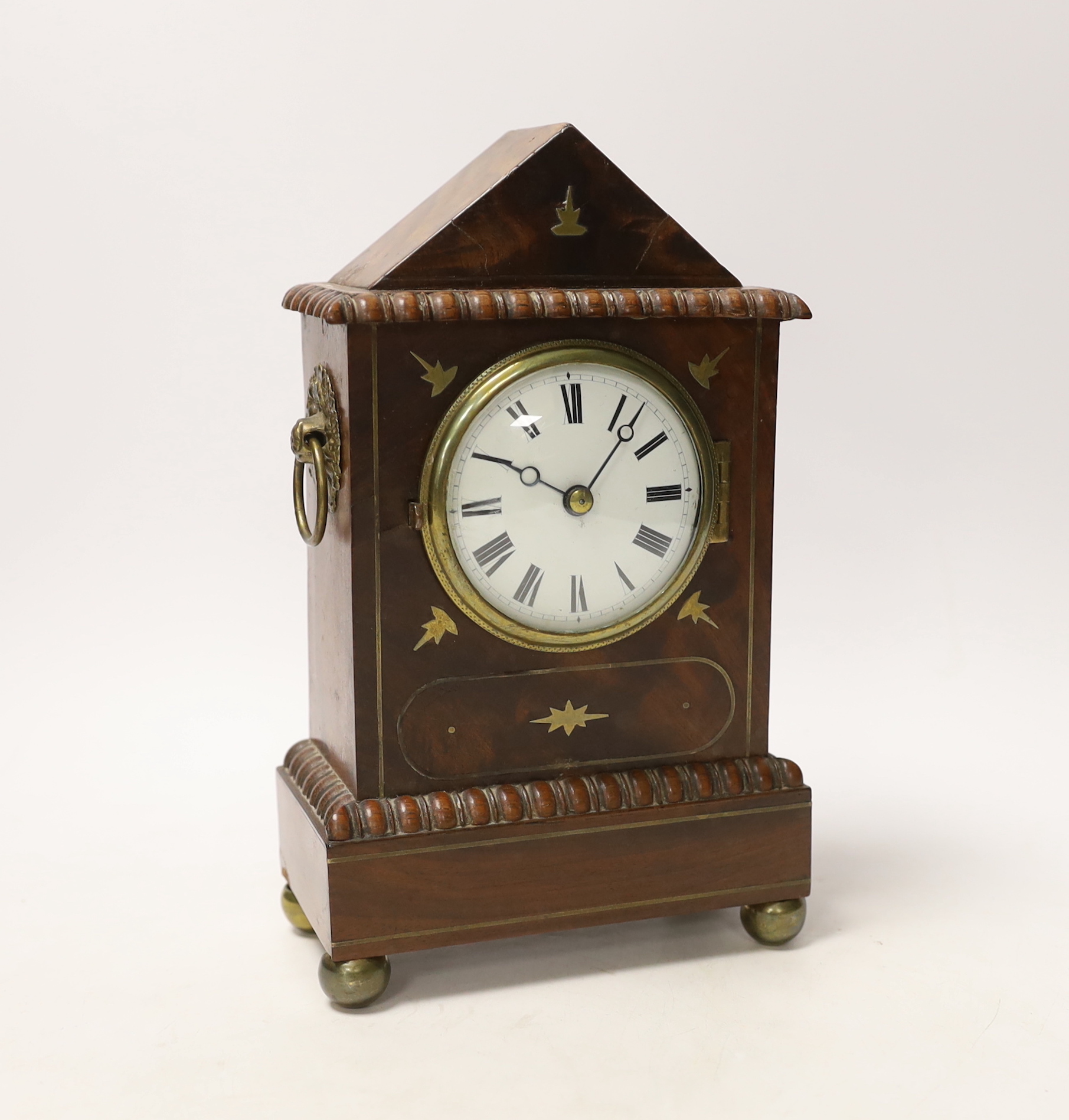 A Lenz small mantel timepiece with brass inlay and enamel Roman numeral dial, 22cm high
